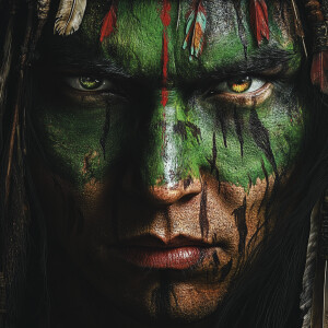 A native american indian with intricate green facial paint, feat...