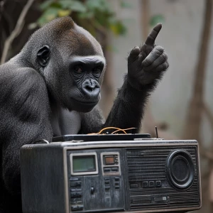 Gorilla pressing a button on a boombox with its finger