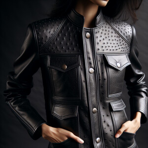 Photo of a model in a leather jacket. The emphasis is on the jac...