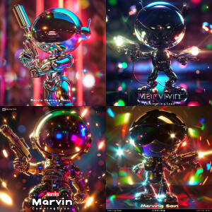 Create a shiny, reflective, mirrored chrome image of Marvin the...