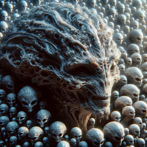 A massive alien head, covered in intricate patterns and textures...