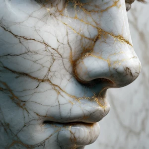 A feminine statue carved from ultra-polished white marble, but w...