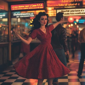 “A vibrant mid-century dance hall scene captured with a Canon EOS R5 and a 50mm f/1.2 lens. the image is focused on Dahlia Valentina fit tall supple well endowed tanned Italian American model (DahliaValentina_ai) stands in the center of a 1950s rockabilly dance, spinning in a bright red polka-dot dress with a fitted bodice and a flared skirt that lifts as she twirls. Her long wavy black hair is tied up with a matching headscarf, and she wears classic cat-eye eyeliner with a bold red lip. She dances with a charming partner dressed in a leather jacket and cuffed jeans, both caught mid-motion in a lively jitterbug step. The neon signs glow behind them, casting warm reflections on the checkered dance floor. The energy of the crowd, jukebox music, and the flickering of retro diner lights add to the nostalgic atmosphere. The composition follows dynamic angles, emphasizing movement and vintage allure.”