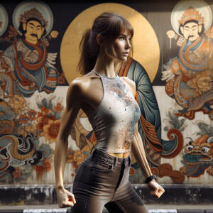 Athletic Thin skinny Attractive, Asian teenage girl, long brown hair and bangs, wearing tight skinny jeans and a halter top paint marks on her clothing, heroic pose Asian graffiti background, side view