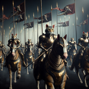 Create a realistic picture of a legion of humanoid cats as Calva...