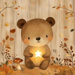 an adorable brown bear cub holds a glowing star, surrounded by t...