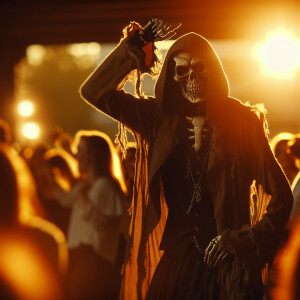 A Grim Reaper, clad in vintage 'Y2K' style clothing, busting out...