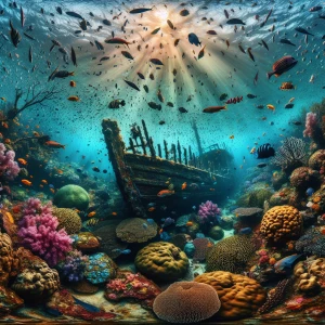 A sunken shipwreck on the ocean floor, covered in coral and home...