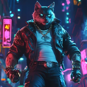 A humanoid cat character, with a rugged appearance, positioned i...