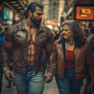 Photo,fantasy,a bodybuilder man ,walking with his 50 years old a...
