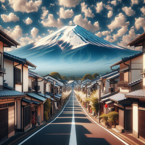 Front view, symmetrical. A straight traditional Japanese street,...