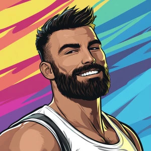 White muscular thin man with beard, big chin, smile and cheekbon...