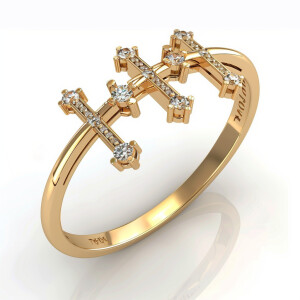 Design a gold ring featuring three crosses, with the middle cros...