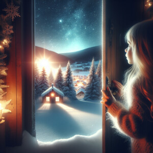 A girl with blonde hair opens the door of the house, at night in...