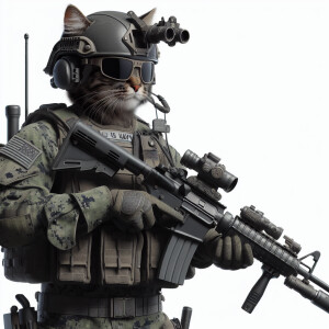 Create a realistic image of a cat as a human US Navy soldier, we...