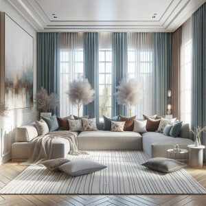 Illustration of a living room space in a house. There are long l...