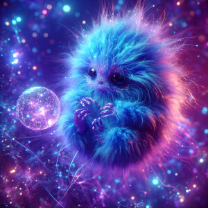 A tiny, luminescent alien creature with blue fur, emitting neon...