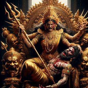 portrait of angry looking goddess durga sitting on a gold crown and carrying a weak mahishasur on her lap and stabbing him with her amazingly designed trident. She is wearing gold armor, a huge gold crown, gold saree, abundant  gold jewelry, covered in blood. The scene is set in ancient India. The image is 8K resolution, cinematic, ultra detailed face and epic.