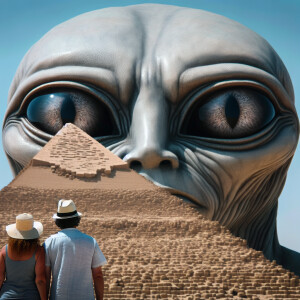 Full veiw of Picture of an Egyptian pyramid with a grey aliens h...