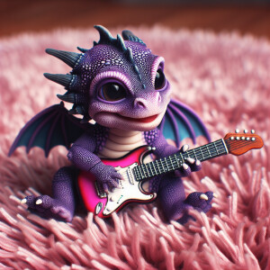 A purple baby dragon playing the electric guitar on a pink shag...
