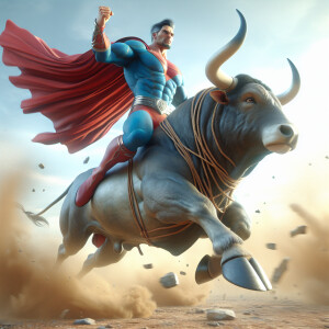 Create an 3d animated scene featuring Superman triumphantly ridi...