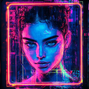 A straight-on portrait of a woman, framed by a glowing fractal p...