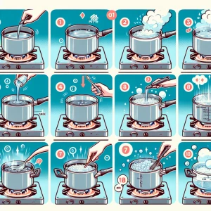 Show the 10 step instructions of how to boil water. Make sure th...