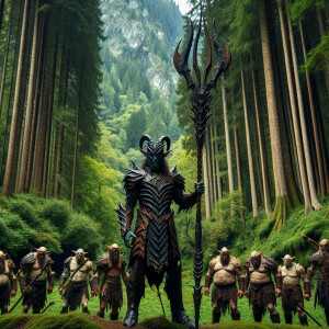 Elf man in the woods large green trees tower above man is wearin...