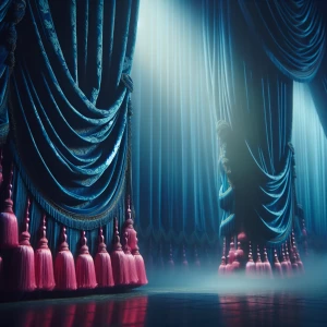 Majestic, dreamy theater scene featuring lush, deep blue curtain...