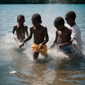 4 dark skinned 10 year old boys play in water on hot summer day