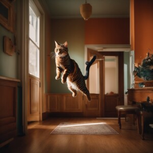 Cat jumping from one end of room to the other