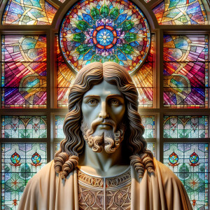 Jesús de frente con un hermoso vitral de fondo