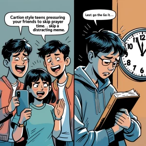 Left Panel**: cartion style Teens pressuring a friend to skip pr...