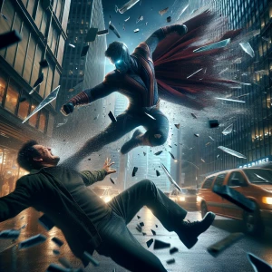 Create an image of a superhero punching the face of the villain...