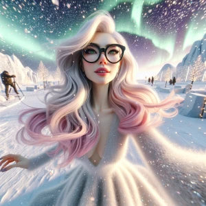 "Create a wide-angle image of a Caucasian woman with long pink h...