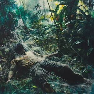 A amazon jungle scene with a 30 meter area is covered in spider...