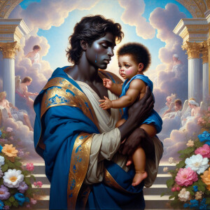 Classical oil painting style depicting an African-American Jesus...