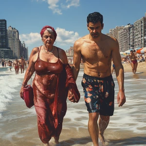 Photo-realism,fantasy.a muscular sweaty man walking  with his 50...