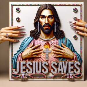 A 3D realistic artwork featuring the phrase 'Jesus Saves' adorne...