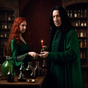 Alan rickman as severus snape making potion with a beautiful wom...