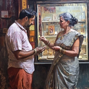 Van gogh art style, a well-built, sweating man meticulously choo...