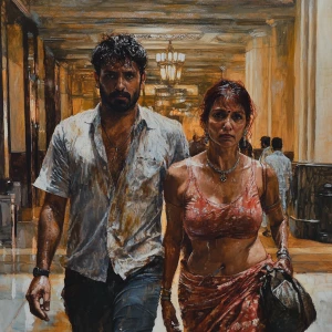 Realism.A sweaty  man walking with his mother in law with noseri...