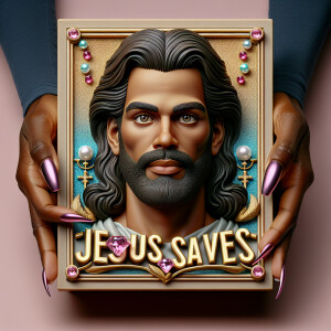 A 3D realistic artwork featuring the phrase 'Jesus Saves' adorne...