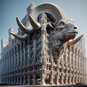 Create a 3D image of a building designed in the shape of a big h...