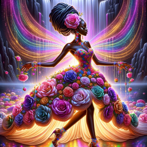 Remix Prompt
S/O Jackie Torres
S/O Panda Locke

create a animated style hyper realistic airbrush whimsical oil painting of a light African American woman wearing a flawless beautiful purple, pink, and gold blossom dress long flowing with colorful flowers and ruffles on the dress colorful jewelry made of flowers she has long black dreadlocks in a bun a colorful rose in her hair her peep toe shoes is matching her dress behind her is a beautiful waterfall liquid glowing lights beautiful colorful rainbow surrounded by beautiful roses.