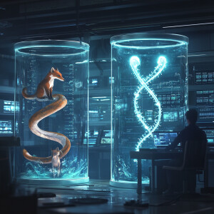 Design a futuristic laboratory scene in a realistic 3D-rendered...