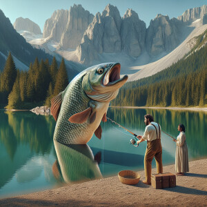 A man and a woman are fishing peacefully by a serene mountain la...