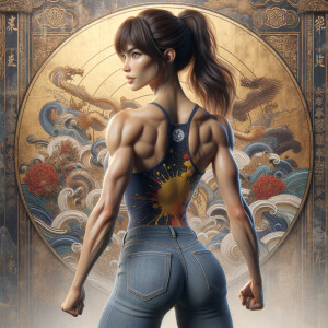 Athletic Thin skinny Attractive, Asian teenage girl, long brown hair and bangs, wearing tight skinny jeans and a halter top paint marks on her clothing, heroic pose Asian graffiti background, backside view