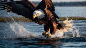 Bald eagle as they catch a fish out of the water in lake, as the...