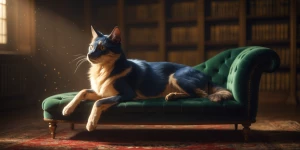 A Dog-Cat hybrid, a creature of sleek, midnight-blue fur transit...